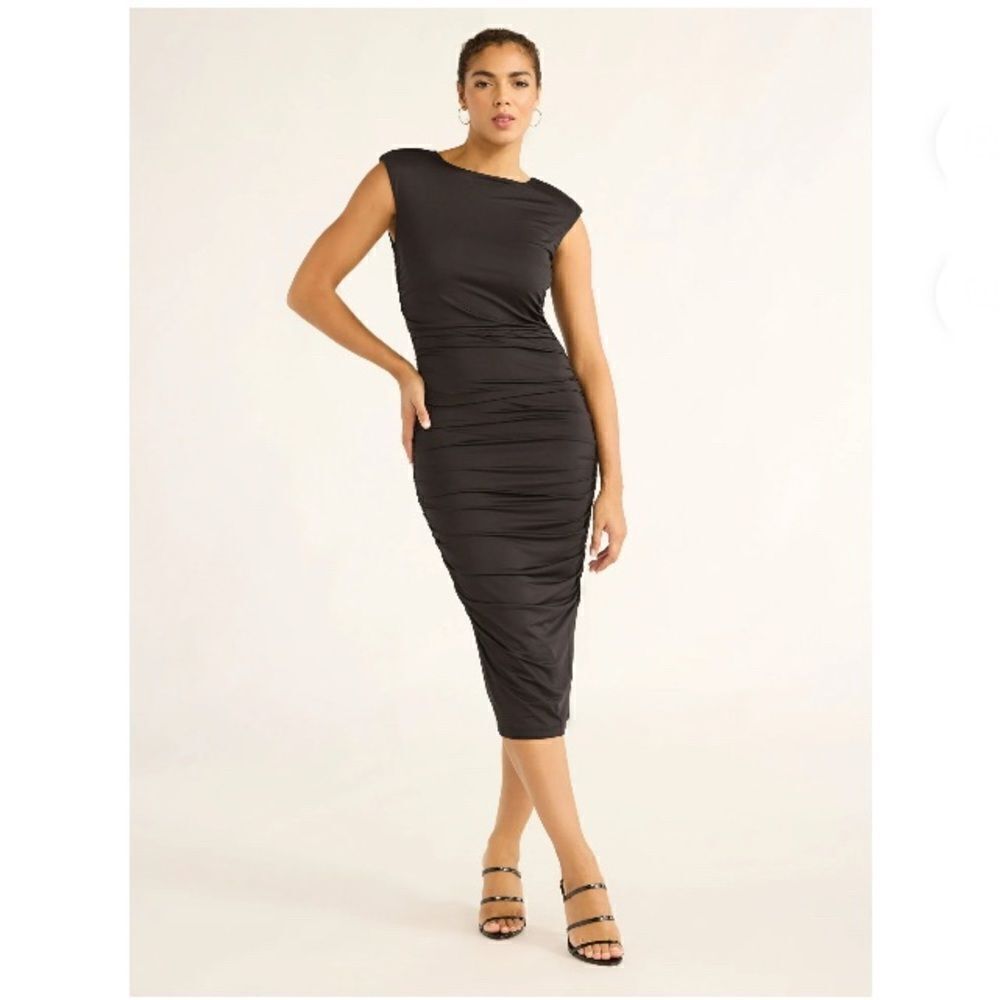 Women's Black Sleeveless Open Back Midi Dress, Below Knee Length, Size L